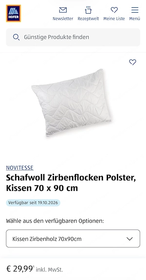 2 Stk. HOFER   ALDI Schafwoll Zirbenflockenkissen 70x90 Bild 2