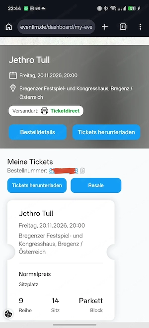 1x Ticket Jethro Tull in Bregenz (20.11.2026)   Original Eventim Bild 2